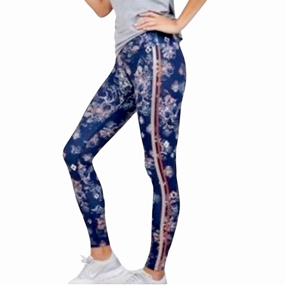 FREE PEOPLE INDIGO FLORAL COMPRESSION SQUAT-PROOF LEGGINGS SZ MED EUC